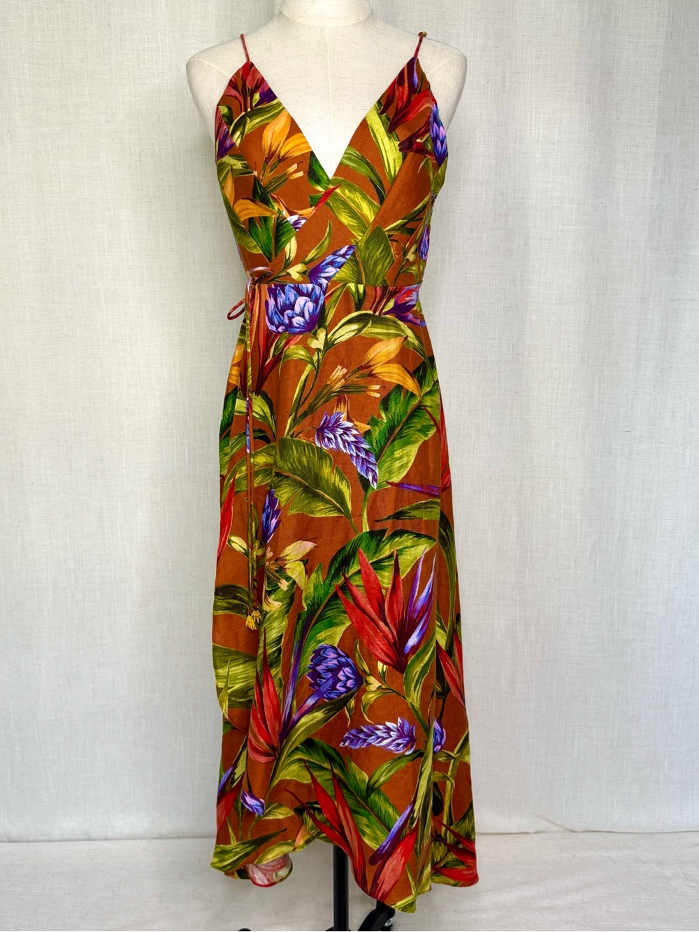 FARM Rio Brown Florart Linen Midi Wrap Dress Tropical Floral Size M NWT